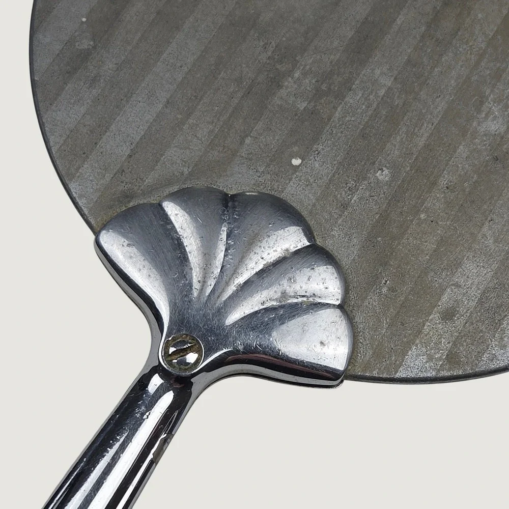 Vintage Hand Mirror 80s 70s Art Deco Chrome Plate Silver Tone Shell Handle